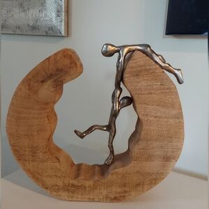 Abstract Silver Metal & Natural Wood  Art Sculpture "Helping Hand"
